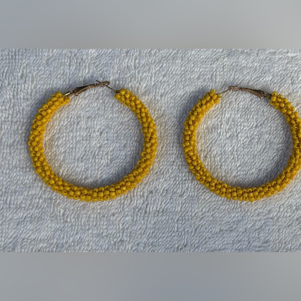 Bright Yellow Seed Bead Hoop Earrings Boho Summer Festival Vibes - Picture 7 of 9